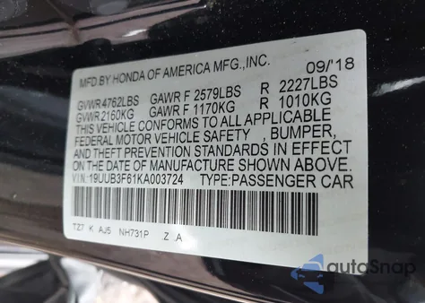 2019 Acura Tlx Technology/A-Spec from USA, damaged, VIN 19UUB3F61KA003724